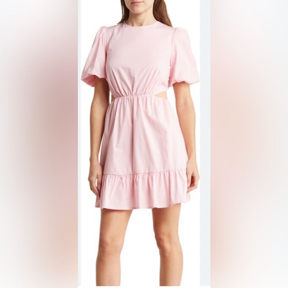 Wayf Pink Puff Sleeve Mock Neck Mini Dress Side Cut Outs Size Small